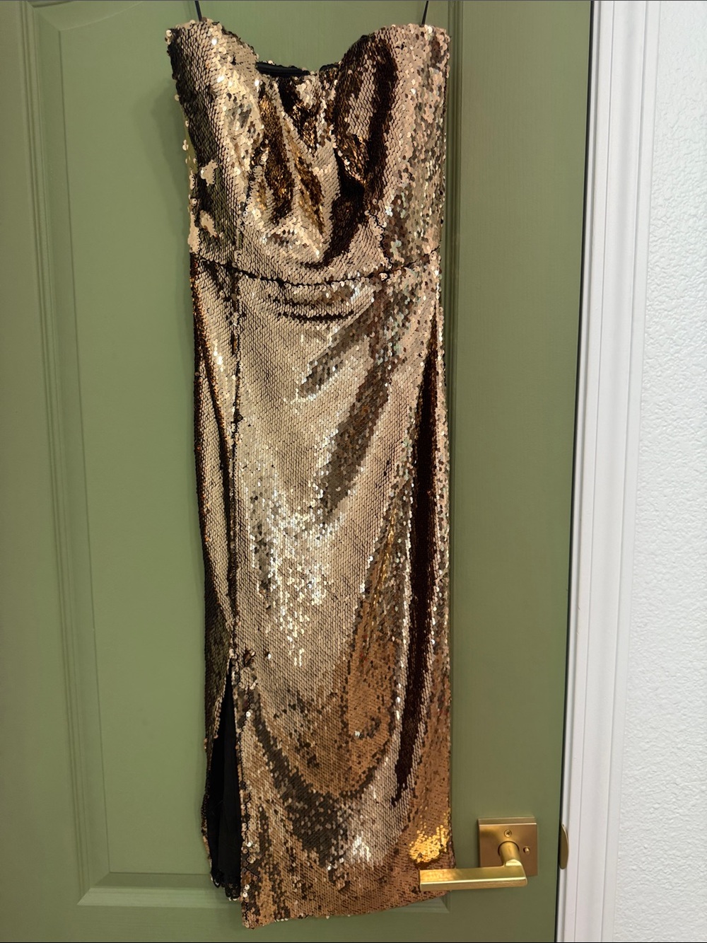 Dress the Population Gold Sequin Strapless Column Gown with Slit